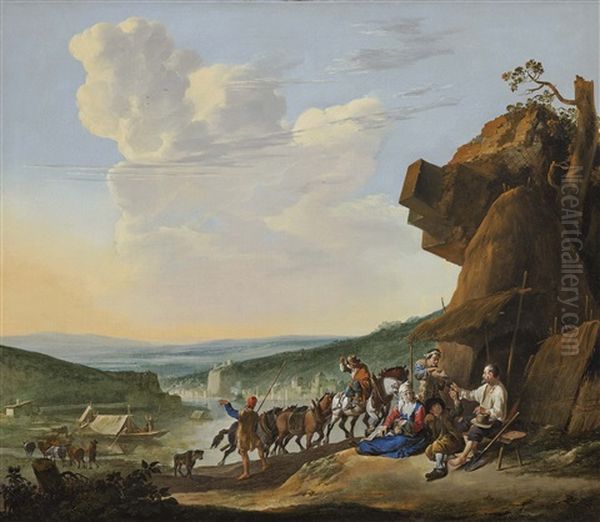 River Landscape With Resting Farmers, In The Background Fort Saint-jean And The Chateau De Pierre-seize, Lyon Oil Painting by Johannes Lingelbach