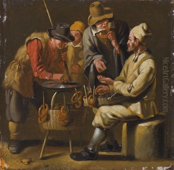 Figures At A Pretzel Stand Oil Painting by Johannes Lingelbach