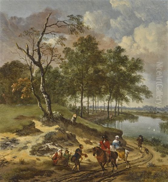 A River Landscape With Elegant Travelers And A Beggar In A Dune Landscape by Johannes Lingelbach