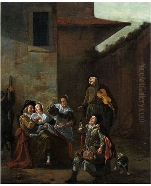 Amourose Szene In Einem Wirtshausmit Kellnerin Und Musikanten Oil Painting by Johannes Lingelbach