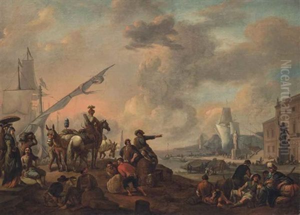 An Italianate Harbour With A Hunting Party And Workmen Unloading By The Docks Oil Painting by Johannes Lingelbach