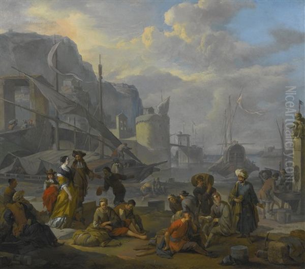 A Mediterranean Port With An Elegant Couple, Travelers And Merchants Resting By The Quay Oil Painting by Johannes Lingelbach