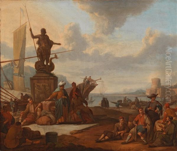 A Scene Set In A Southern Seaport Oil Painting by Johannes Lingelbach