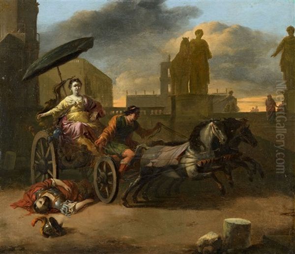 Tullia Driving Over The Body Of Her Father Servius Tullius by Johannes Lingelbach