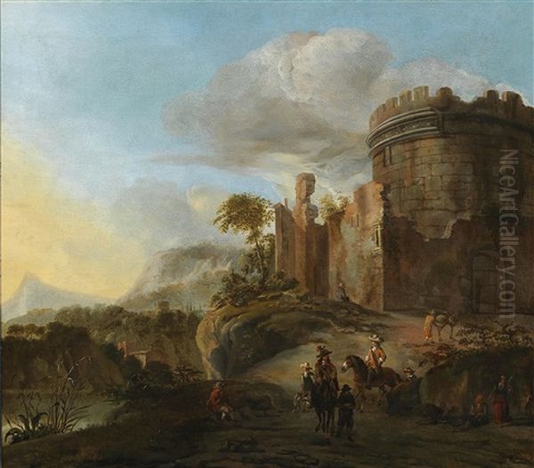 An Italianate Landscape With Castle Ruins And Travellers On A Road Oil Painting by Johannes Lingelbach