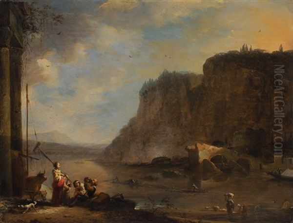 Flusslandschaft Mit Staffage Oil Painting by Johannes Lingelbach