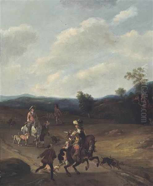 A Hawking Party In A Mountainous Landscape Oil Painting by Johannes Lingelbach