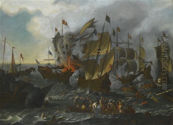 Marine Battle With An Explosion Aboard A Ship, And Figures Engaged In Hand-to-hand Combat On A Boat In The Foreground Oil Painting by Johannes Lingelbach