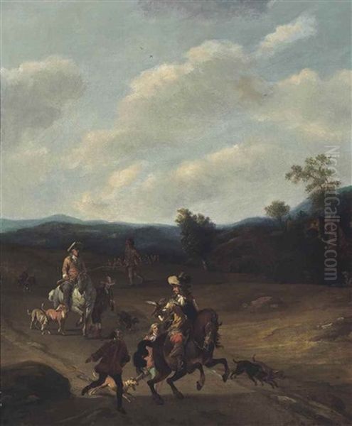 A Hawking Party In A Mountainous Landscape Oil Painting by Johannes Lingelbach