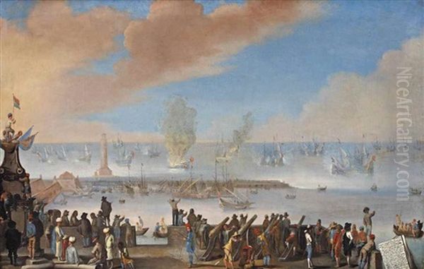 The Battle Of Livorno (leghorn) Oil Painting by Johannes Lingelbach