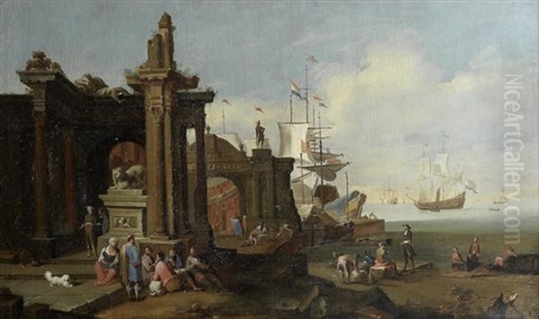 A Busy Harbour Scene With Classical Buildings, Figures And Shipping Oil Painting by Johannes Lingelbach