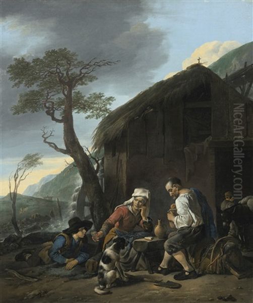 A Watermill With Peasants Taking Refreshments Oil Painting by Johannes Lingelbach