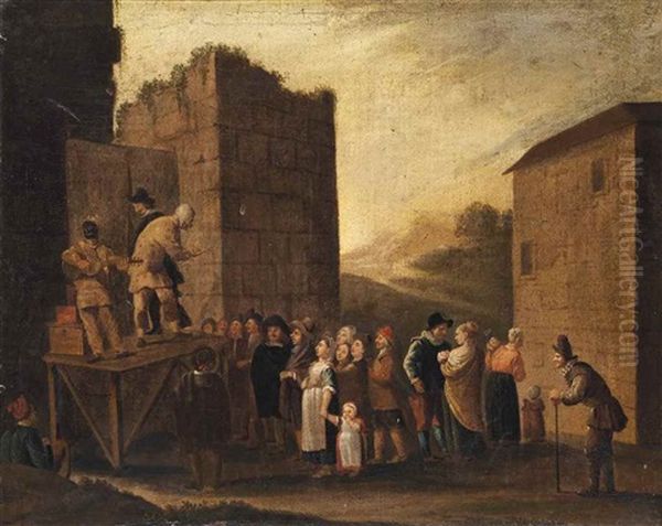 Actors Of Commedia Dell'arte Performing Before A Village by Johannes Lingelbach