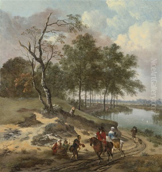 A River Landscape With Elegant Travelers And A Beggar In A Dune Landscape Oil Painting by Johannes Lingelbach