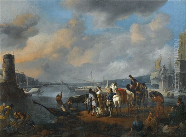 Elegantes Et Cavaliers Dans Un Port Mediterraneen Oil Painting by Johannes Lingelbach