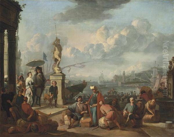 An Italianate Harbour With An Elegant Couple Promenading Near A Statue Of Neptune, And Workmen Unloading By The Docks Oil Painting by Johannes Lingelbach