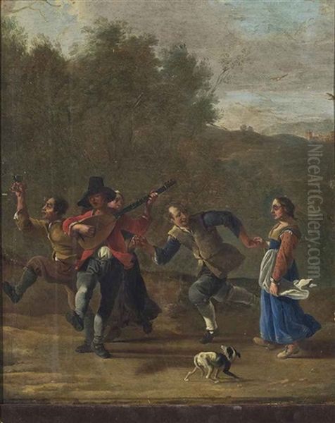 Figures Music Making And Drinking In A Landscape Oil Painting by Johannes Lingelbach