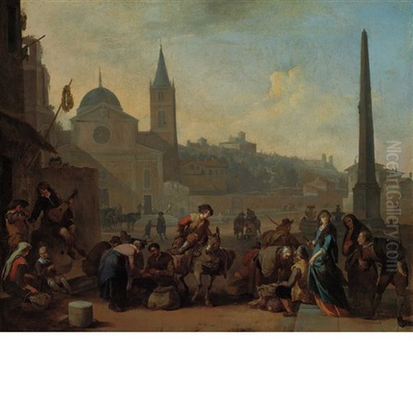 Figures In The Piazza Del Popolo, Rome Oil Painting by Johannes Lingelbach