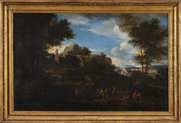 A Mountainous Landscape With Travellers In The Foreground, Grecian Temple Beyond And A Distant View To A River And Town Oil Painting by Johannes Lingelbach