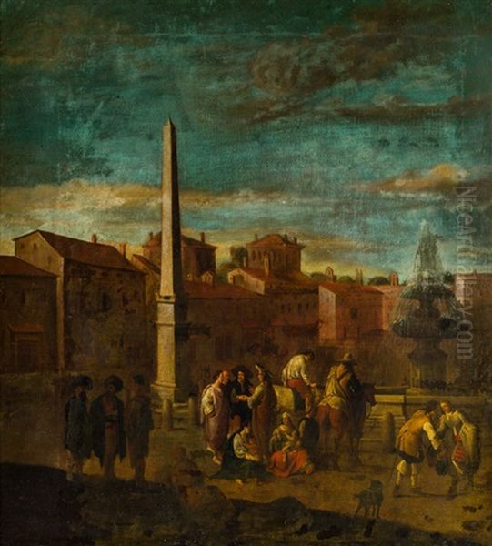 Plaza Con Obelisco Y Figuras Oil Painting by Johannes Lingelbach