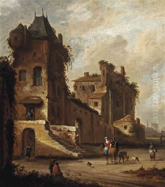 A 'capriccio' View Of A Village Street With A Couple On Horseback And Other Figures Oil Painting by Johannes Lingelbach