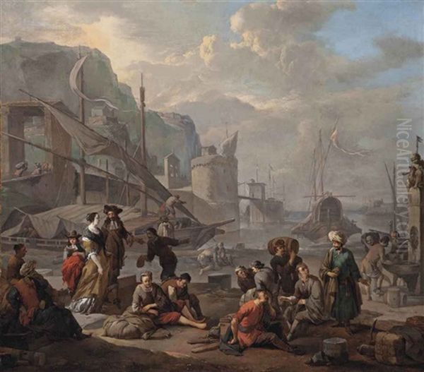 A Mediterranean Port With An Elegant Couple And Travellers Resting By The Quay Oil Painting by Johannes Lingelbach