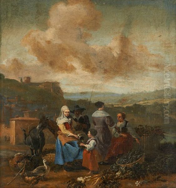 Scene Campagnarde Avec Trois Femmes Et Un Enfant Oil Painting by Johannes Lingelbach