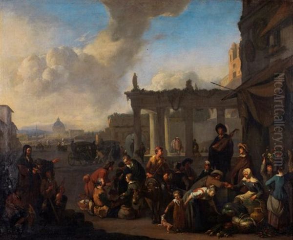 Scene De Marche A Rome Oil Painting by Johannes Lingelbach