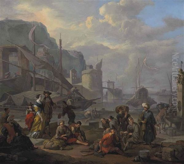 A Mediterranean Port With An Elegant Couple And Travelers Resting By The Quay Oil Painting by Johannes Lingelbach