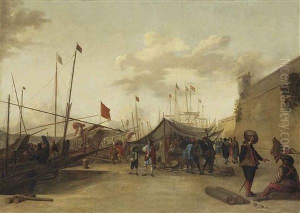 A Mediterranean Harbour With Merchants At A Market On The Quay Oil Painting by Johannes Lingelbach