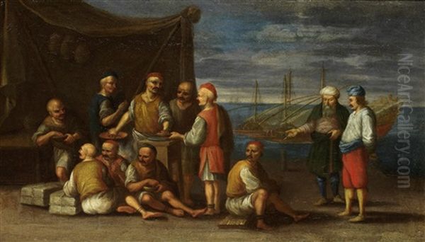 Galley Slaves Taking Water At A Fountain; And Merchants On A Quay With Galley Slaves Nearby (pair) Oil Painting by Johannes Lingelbach