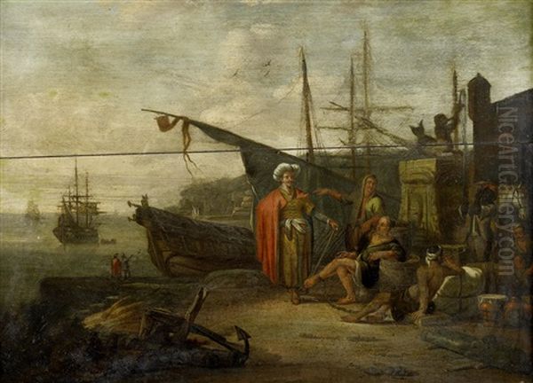 A Mediterranean Harbor With Figures Resting On The Quay; And A Mediterranean Harbor With Figures Around A Campfire (pair) Oil Painting by Johannes Lingelbach