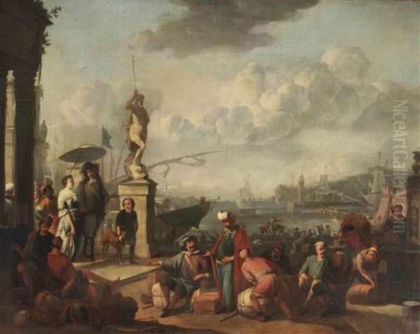 An Italianate Harbor With An Elegant Couple Promenading Near A Statue Of Neptune, And Workmen Unloading The Docks Oil Painting by Johannes Lingelbach