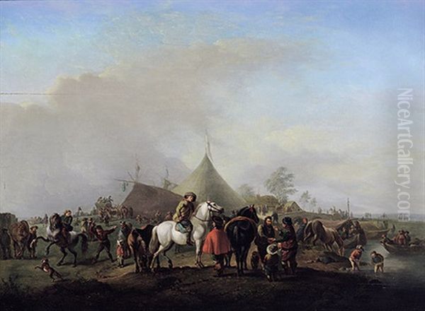 Feldlager. Nahe Einem Gewasser Aufgeschlagenes Zeltlager Mit Marketendern, Reitern Und Handelndem Volk Oil Painting by Johannes Lingelbach