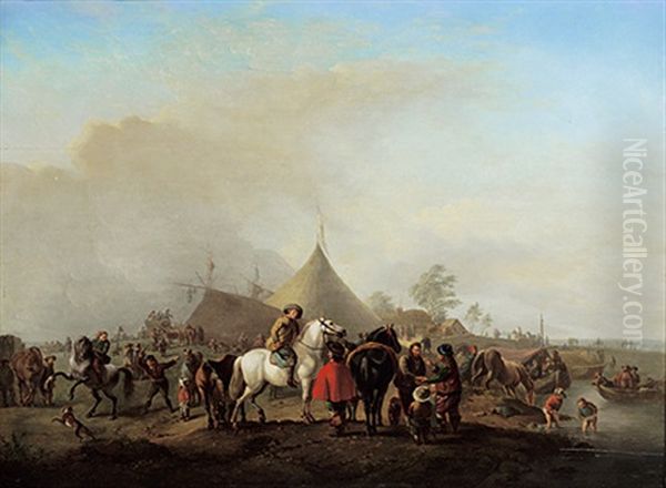 Feldlager In Der Nahe Eines Gewassers Mit Aufgeschlagenem Zeltlager Mit Marketendern, Reitern Und Handelndem Volk Oil Painting by Johannes Lingelbach