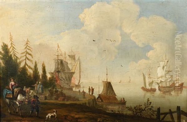 Voyageurs Pres Du Port Oil Painting by Johannes Lingelbach