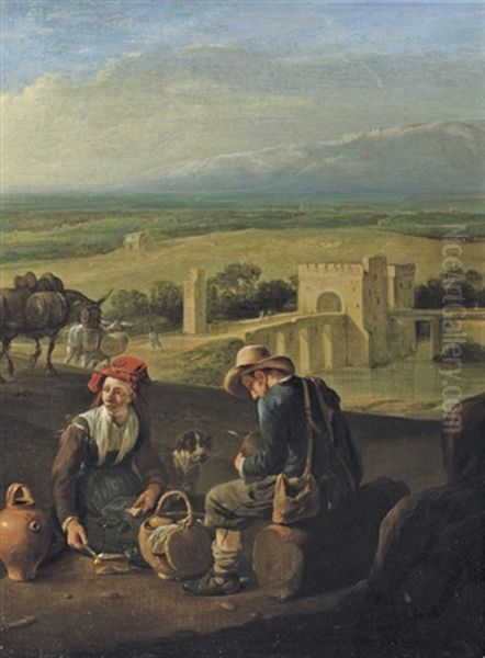 Two Peasants Eating In An Italianate River Landscape Oil Painting by Johannes Lingelbach