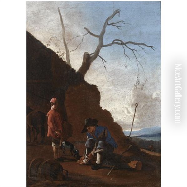 An Italianate Landscape With An Old Man Resting On A Tree Trunk On A Path Together With A Young Boy Oil Painting by Johannes Lingelbach