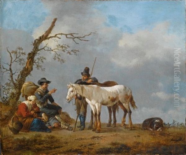 A Family And A Traveller Conversing Near A Tree, Together With Their Horses And A Dog In A Landscape Oil Painting by Johannes Lingelbach