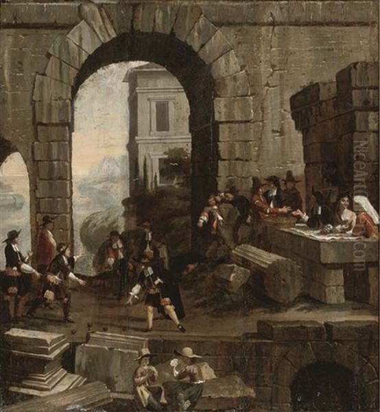 A Mediterranean Coastal Inlet With Classical Ruins And Men Playing Bowls, Fighting, Children Playing Cards And Others Drinking Oil Painting by Johannes Lingelbach