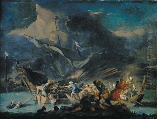 A Sea Battle Between Turks And Europeans, (the Battle Of Lepanto?) Oil Painting by Johannes Lingelbach