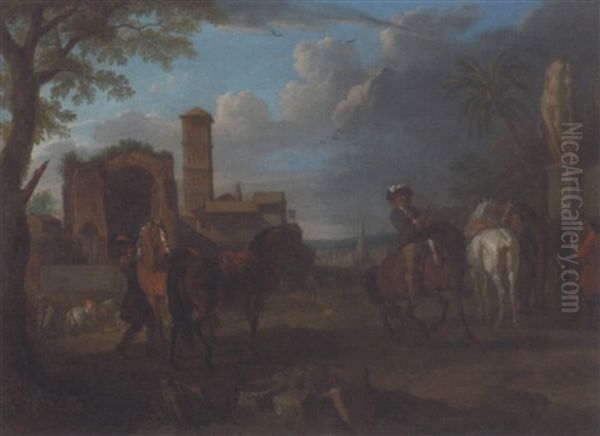 An Italianate Town With Roman Ruins And Horsemen In The Foreground Oil Painting by Johannes Lingelbach