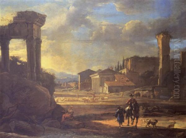 Veduta Con Rovine E Contadini Oil Painting by Johannes Lingelbach