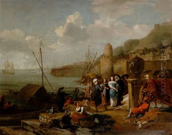 Hamn Vid Medelhavet Med Elegant Sallskap Och Matthandlare Oil Painting by Johannes Lingelbach