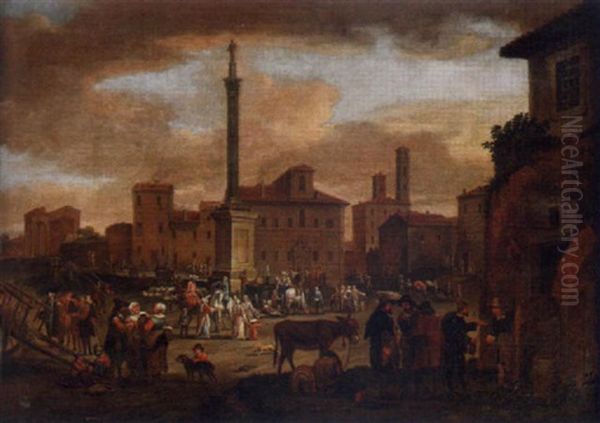 Townsfolk Gathered In A Roman Piazza Oil Painting by Johannes Lingelbach