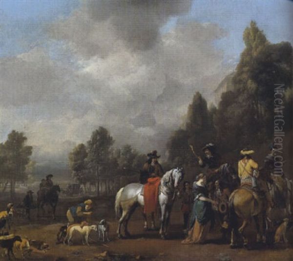 Rastende Jagdgesellschaft Vor Dem Tor Eines Schlosparks Oil Painting by Johannes Lingelbach