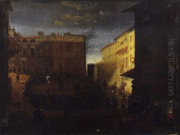 Veduta Di Piazza Pasquino, A Roma, Con Uno Spettacolo Di Attori E Saltimbanchi Oil Painting by Johannes Lingelbach