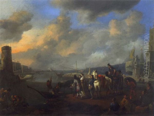 Vue D'un Port Mediteraneen Ou S'affairent De Nombreux Personnages Oil Painting by Johannes Lingelbach