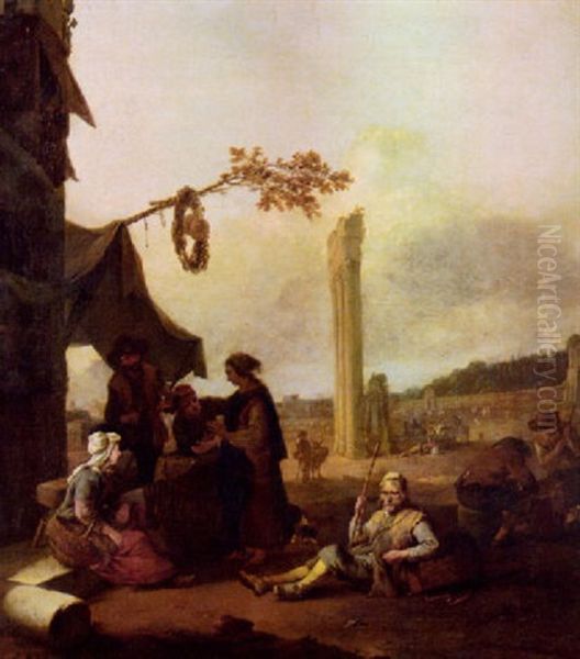 Figures By An Inn With The Ruins Of The Temple Of Castor And Pollux Beyond Oil Painting by Johannes Lingelbach