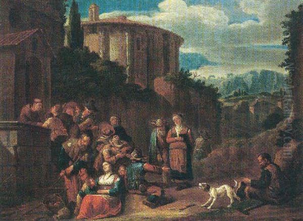 Pilgrims Seeking Alms At A Monastery Oil Painting by Johannes Lingelbach